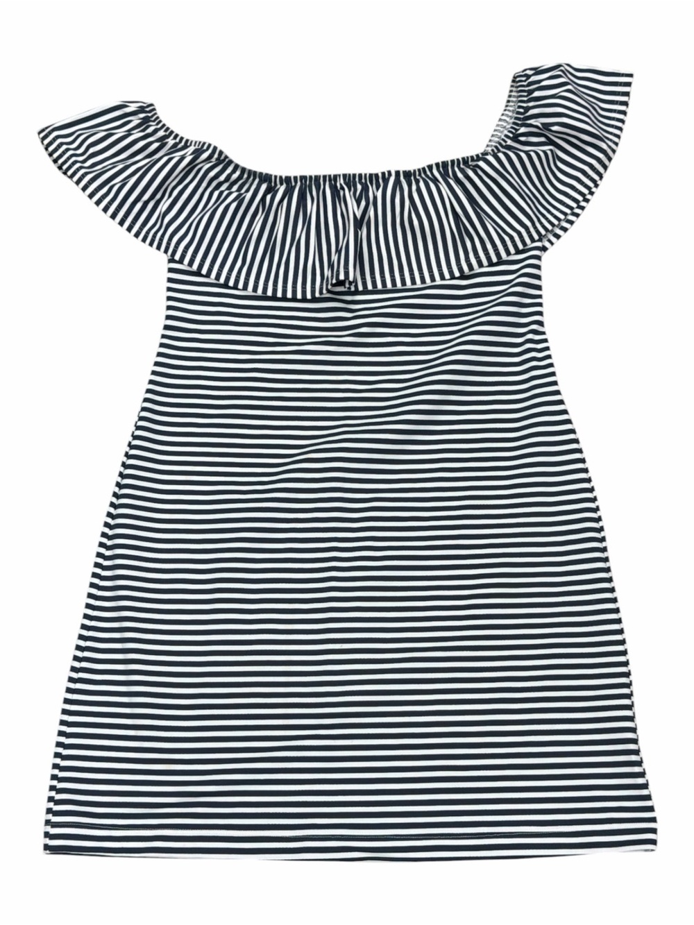 Sailor Sailor Navy and White Striped Off-Shoulder Ruffle Dress